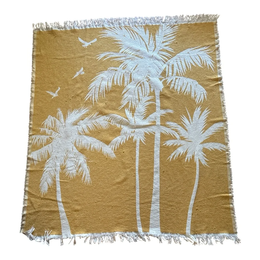 Tropical Palm Tree Throw Blanket Set of 2  - Mustard Yellow Gold and White Cream